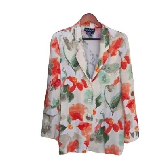 Vintage Jackets & Blazers - Vtg 80's Carole Little‎ Blazer Lightweight Tie Cinched Back Spring Floral Sz 8P
